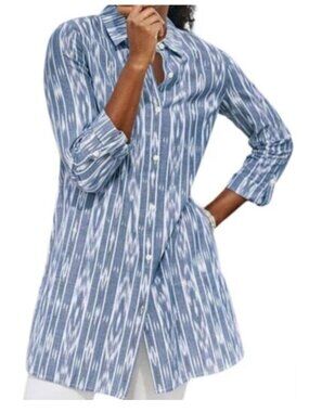 J JILL Pure Jill Blue & White  Ikat Button Front Tunic Top Women's M